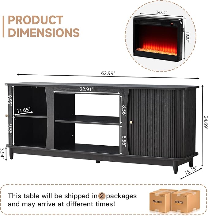 Fireplace TV Stand, Fluted TV Stand with Storage and Sliding Door, Farmhouse Entertainment Center Media Console Table for Living Room (Black)