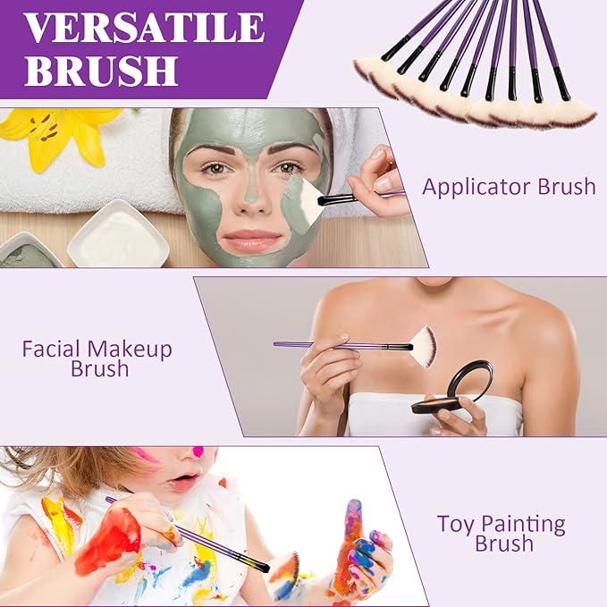 9 Pieces Facial Fan Mask Brushes, Soft Facial Applicator Brushes Tools for Peel Glycolic Makeup for Mud Cream(Purple)