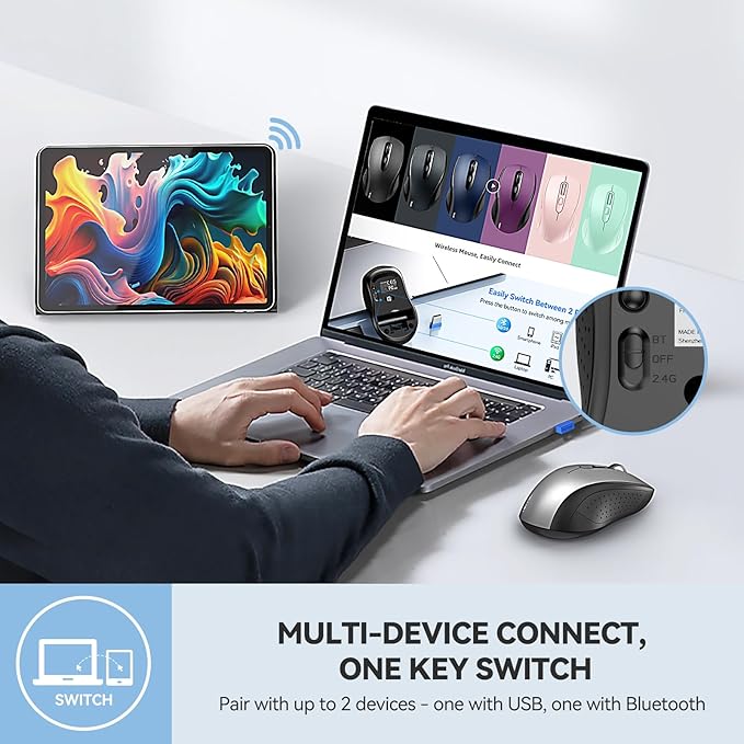 TECKNET Bluetooth Mouse, 4000DPI Wireless Mice for Laptop 2-in-1(BT 5.0/3.0+2.4Ghz) Computer Portable PC Mouse Wireless with USB Receiver for Mac (USB-A+Bluetooth, Black Silver)