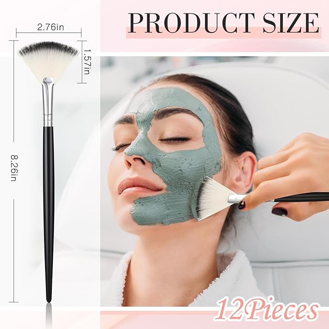 12 Pcs Soft Facial Fan Brush Blush Makeup Brush Face Mask Acid Applicator Multi Use Cosmetic Tools for Peel Mask Makeup for Mud Cream(Black Silver)