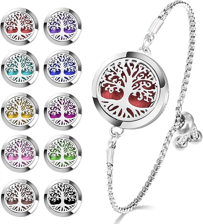 Essential Oil Diffuser Bracelet Aromatherapy Locket Adjustable Bracelet Stainless Steel Tree of Life Bracelet with 10 Pcs Refill Pads for Women Girls