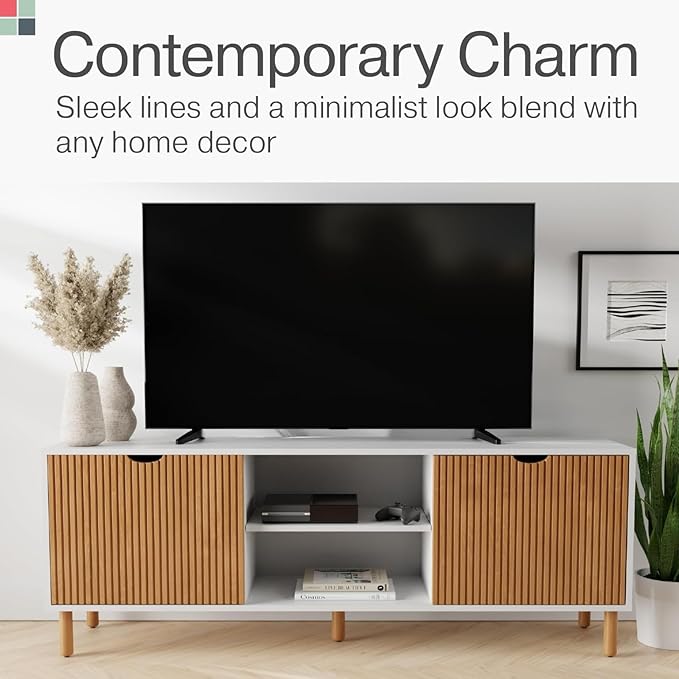 Fluted TV Stand - Media Console & Console Table with Cord Management - Soft-Close Doors & Adjustable Shelves Storage Cabinet - Living Room Entertainment Center - 70-Inch White & Oak
