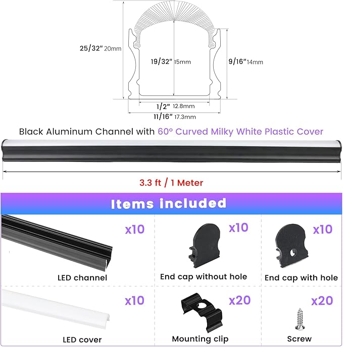 Muzata 10Pack 3.3FT/1M Excellent Spotless LED Channel System with Milky White Cover Black Aluminum U Shape LED Strip Diffuser Channel U108 BW 1M