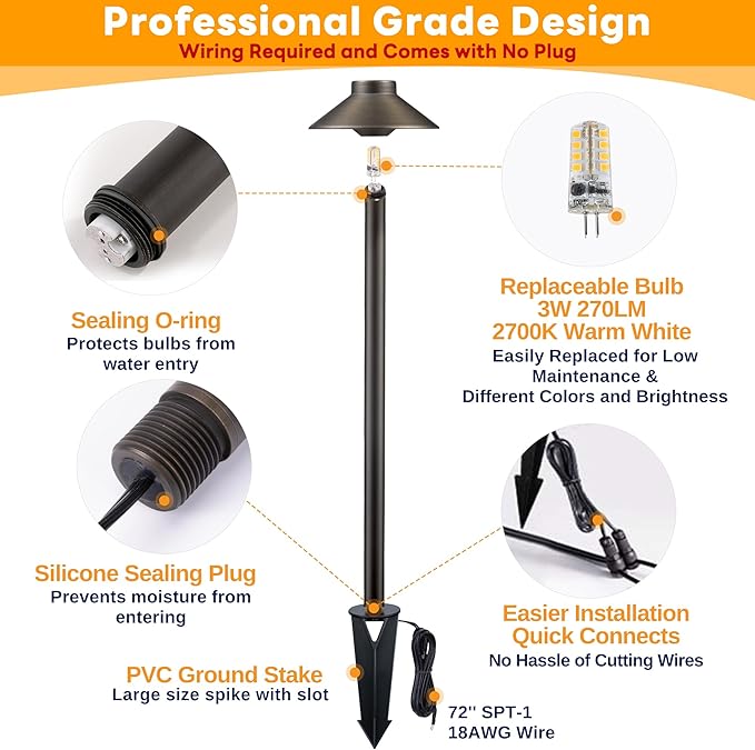 Halloween Brass Pathway Light Kit (12 Path Lights, 12 Hanging Ghost) Low Voltage LED Landscape Decor, Garden Lighting Outdoor Waterproof IP65, 12V Wired for Yard Party with 2700K G4 Bulb