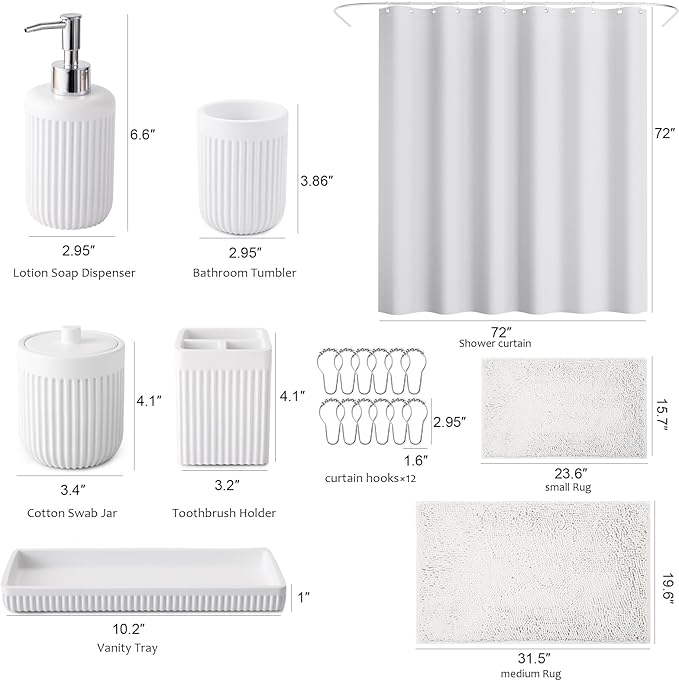8-Piece White Bathroom Set - Resin Bathroom Accessories Sets Complete with Shower Curtain and Rugs, Soap Dispenser, Toothbrush Holder, Cup, Tray & Cotton Swab Jars