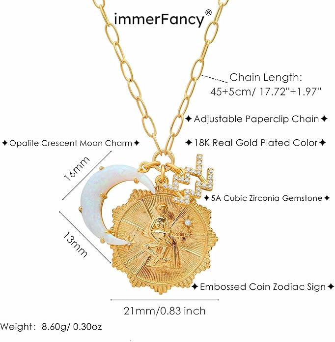 Gold Zodiac Sign Embossed Coin Opal Crescent Moon Charm Necklace for Women Trendy 18K Gold Plated Retro Paperclip Chain 12 Constellation Horoscope Necklaces Astrology Jewelry Gifts