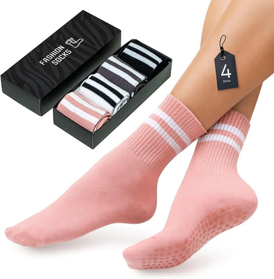 POWER STEP Pilates Grip Socks for Women, Non-Slip Cotton Crew Yoga Socks for Pilates, Dance, Workout, Barre and Home, 4 Pairs