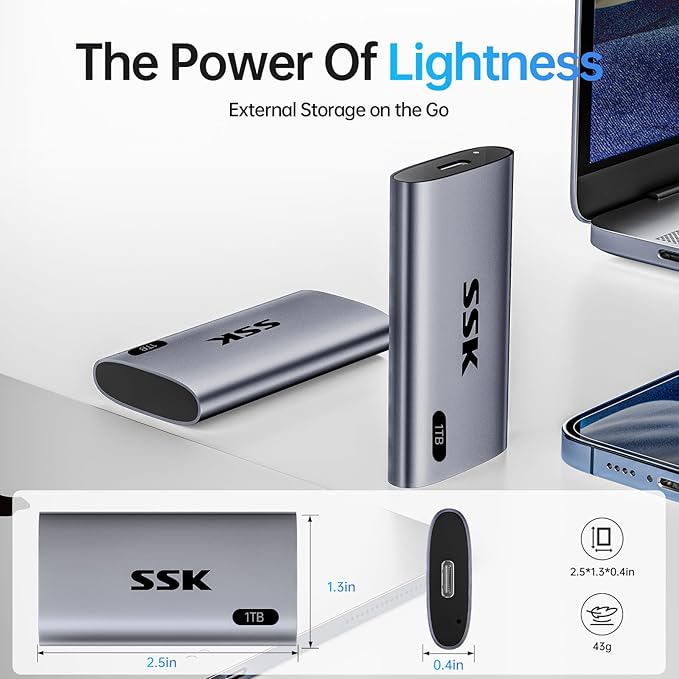SSK 1TB SSD External Hard Drive, Portable SSD Up to 550MB/s Fast Solid State Drives, External Drive USB 3.2 Gen2 for iPhone 15/Pro, Windows, Mac, Android with LED Light, Trim, Smart Supported