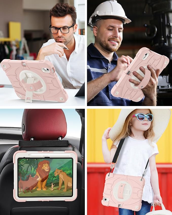 for iPad(A16) 11 inch 2025 case/10.9 inch iPad 10th Generation Case, Heavty Duty Shockproof Full Protective Case with Screen Protector and Rotatable Hand Strap, Shoulder Strap (Light Pink)