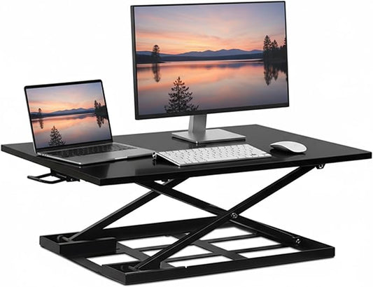 Mount-It! Standing Desk Converter, Sit Stand Desk Riser with Gas Spring, Ergonomic Height Adjustable Desktop Platform, Collapsible Slim Profile, Preassembled Workstation for Home & Office, Black