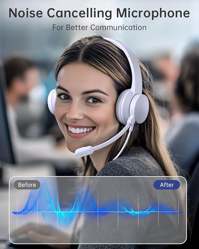 USB Headset with Microphone for PC, Wired Headphones with Mic USB Headset with Noise Cancelling Microphone, Computer Headsets with Microphone for Home Office Online Class Teams Skype (White)