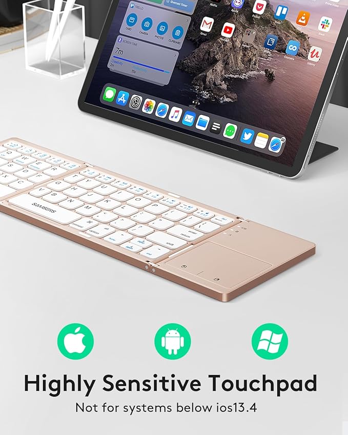 Samsers Foldable Bluetooth Keyboard with Touchpad - Portable Wireless Keyboard with Holder, Rechargeable Full Size Ultra Slim Pocket Folding Keyboards for Android Windows iOS Tablet & Laptop - Pink