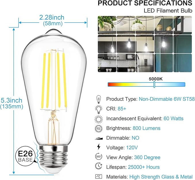MAXvolador Vintage LED Edison Bulb 60W Equivalent 800LM, 6W ST58 LED Filament Light Bulb, Daylight White 5000K, E26 Base, Non-Dimmable, Pack of 12