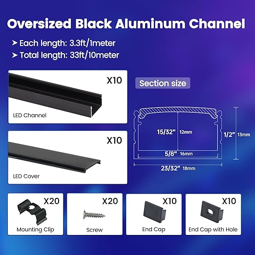 Muzata 10Pack 3.3FT/1M Plus-Size Spotless LED Channel Black LED Strip Diffuser Channel with Frosted Black Diffuser Cover U103 BF 1M