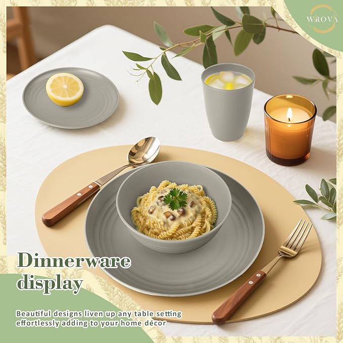 32-piece Kitchen Alternative Melamine Wheat Straw Dinnerware Sets,Unbreakbale Dishwasher Safe Kitchen Bowls and Plates Sets with Cups,Apartment Essential Dishes Set for 8.Grey Series