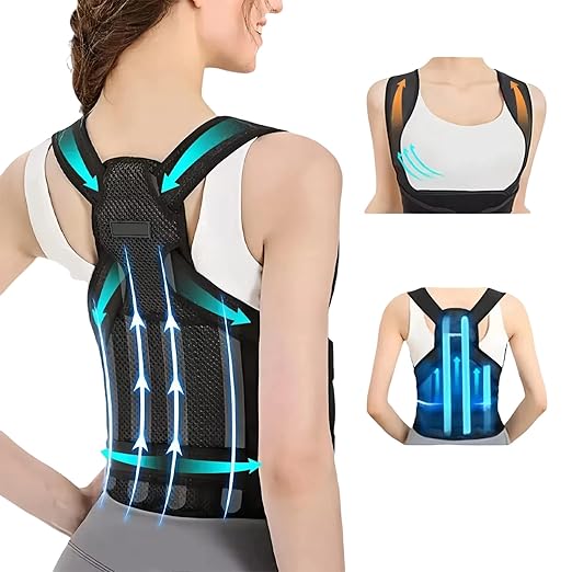 Posture Corrector Back Brace Support, Adjustable Upper Back Straightener, Black (Black, Medium)