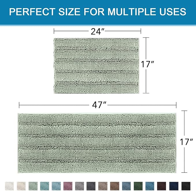 H.VERSAILTEX Bathroom Rugs Bath Mats Sets Super Absorbent Chenille Striped Bath Mats Non Skid Machine Wash Dry Rugs for Bathroom Floor Set of 2(Sage, 47 x 17 Plus 17 x 24 - Inches)