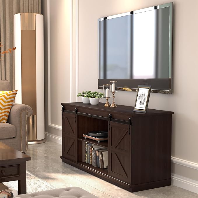 JUMMICO TV Stand for 65 Inch TV, Entertainment Center with Storage Cabinets and Sliding Barn Doors, Mid Century Modern Media TV Console Table for Living Room Bedroom (Brown)
