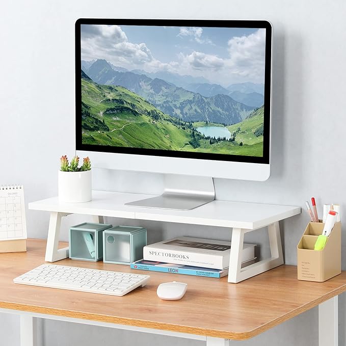 TEAMIX 24 inch Monitor Stand Riser, White Wood & Steel Computer Monitor Stand with Storage, Laptop, PC, Printer Stand Riser for Desktop Office Desk Organizers