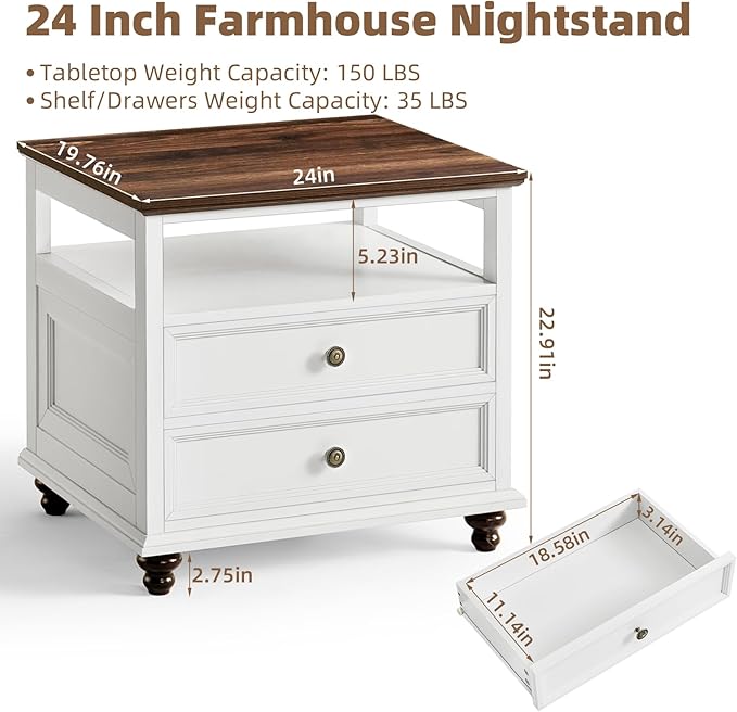 24" Wide Farmhouse Night Stand Set of 2,Large End Table with 2 Drawers & Metal Handle,White Wood Dresser for Bedroom, Bed Side Table Chest of Drawers Cabinet, Nightstand for Living Room,Closet