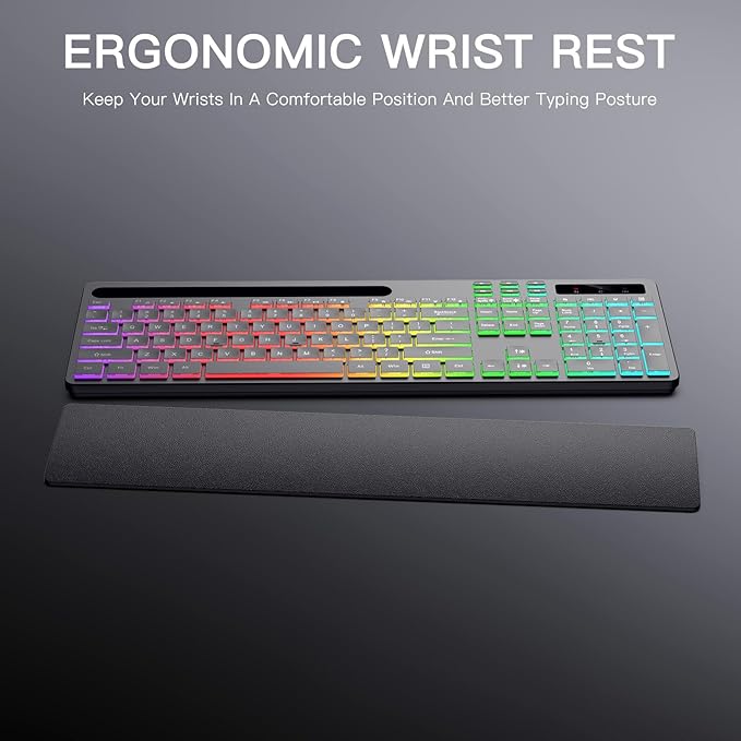 Wireless Keyboard with 7 Colors & 4 Modes RGB Backlit, Ergonomic Keyboard with Wrist Rest, Phone Tablet Holder, 2.4G Light Up Computer Keyboard with Numeric Keypad for Mac, Windows