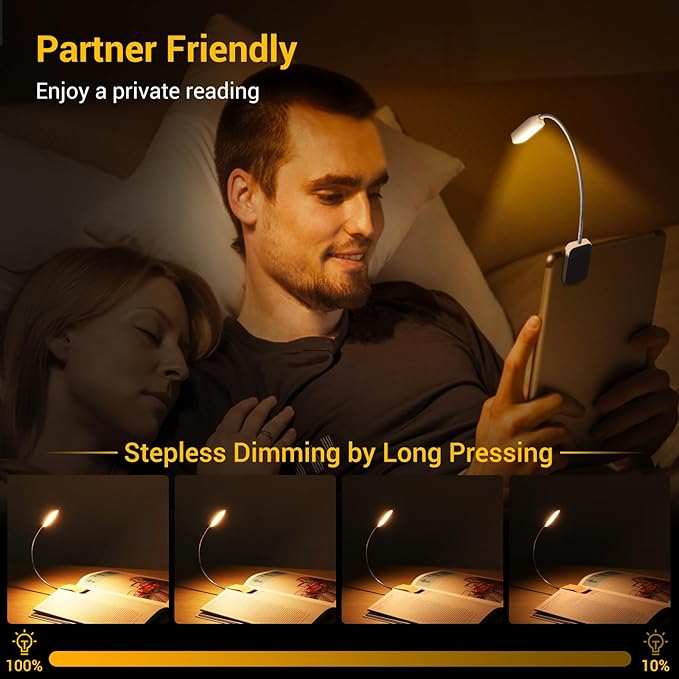 Book Light 2 Pack, Rechargeable Reading Lights for Books in Bed-Eye Caring 3 Colors, Stepless Dimming, 360° Flexible Studying Small Desk Lamp, Lightweight Clip-on LED Night Light for Book Lovers, Kids