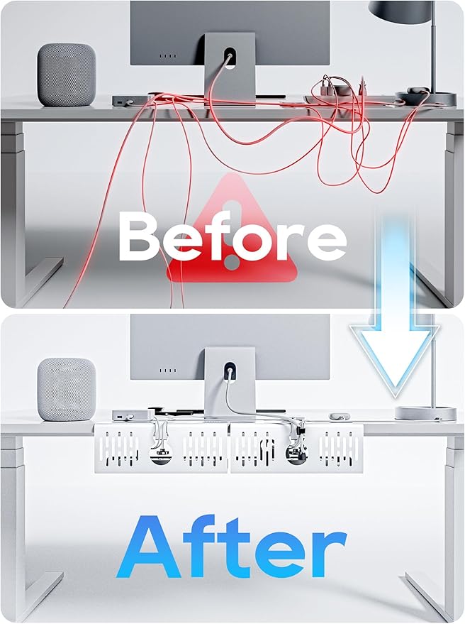 NODOCA No Drill Under Desk Cable Management Tray, 14'' Wire Management, Punch-Free Clamp on, Metal Cable Tray, Wire Organizer, Under Desk Basket for Office and Home, White