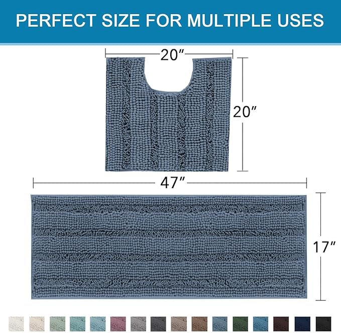 H.VERSAILTEX Bathroom Rug Sets 2 Piece Bath Mats Non Slip Thick Soft Chenille Striped Bath Rug achine Washable Shower Floor Rugs for Tub, Shower and Floor (Blue Indigo, 47"x17" Plus 20"x20" U)