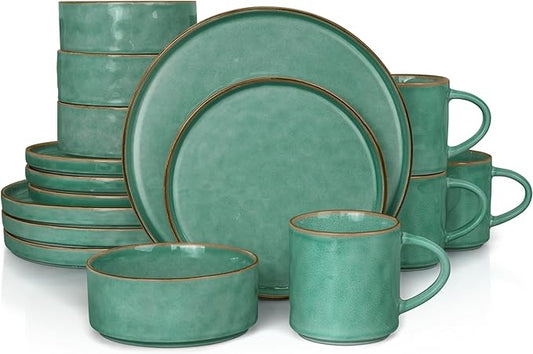 HaWare Dinnerware Sets, 16-Piece Stoneware Plates and Bowls Set, Elegant Ceramic Dish Set for 4, Chip and Scratch Resistant, Microwave and Dishwasher Safe, Reactive Green