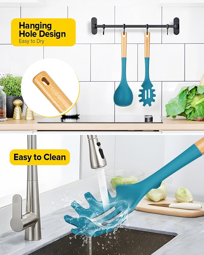 Silicone Soup Ladle and Spaghetti Spoon Set with Wooden Handle, Non Stick Heat Resistant Kitchen Utensils for Cooking, Stirring, Serving Pasta, Soup & Sauce(BLUE)