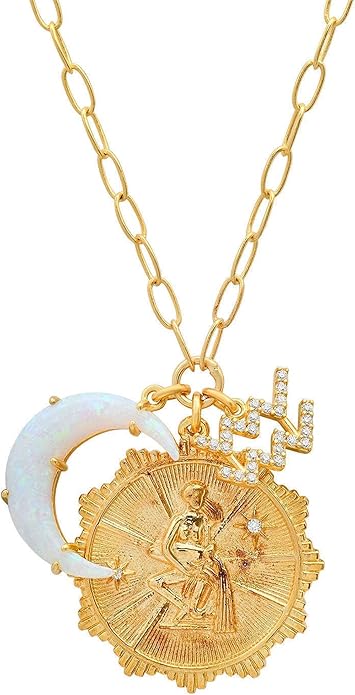 Gold Zodiac Sign Embossed Coin Opal Crescent Moon Charm Necklace for Women Trendy 18K Gold Plated Retro Paperclip Chain 12 Constellation Horoscope Necklaces Astrology Jewelry Gifts