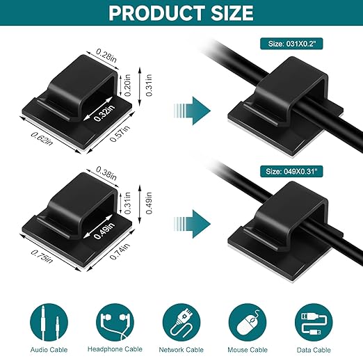 63pcs Black Cable Management,Adhesive Cable Clips,Cord Organizer ID 0.49"x 0.31",Cord Clips for Wires on Wall,Under Desk,Nightstand,PC,TV,Outdoor Lights Strip,Plant Clips for Climbing Plants