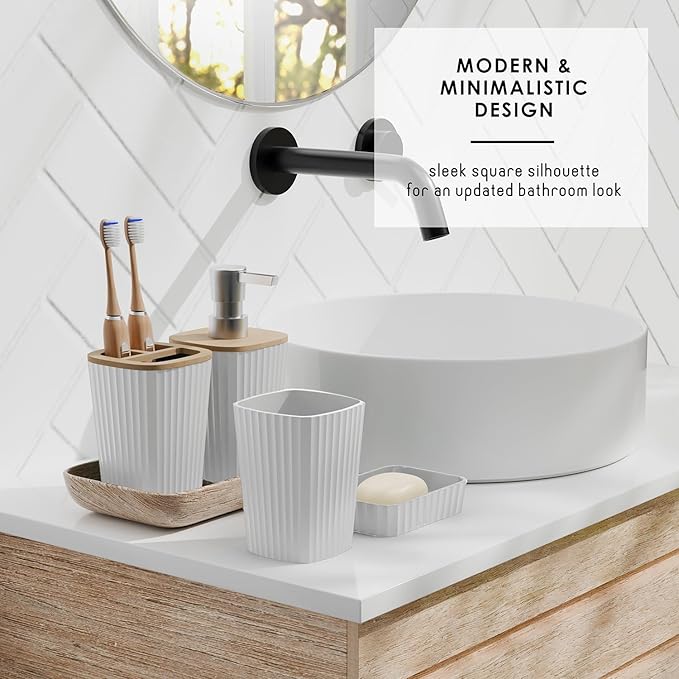 Clara Clark Bathroom Accessories Set - 22PC Bathroom Set, Bathroom Sets with Shower Curtain and Rugs, White Shower Curtain Set with Bathroom Trash Can