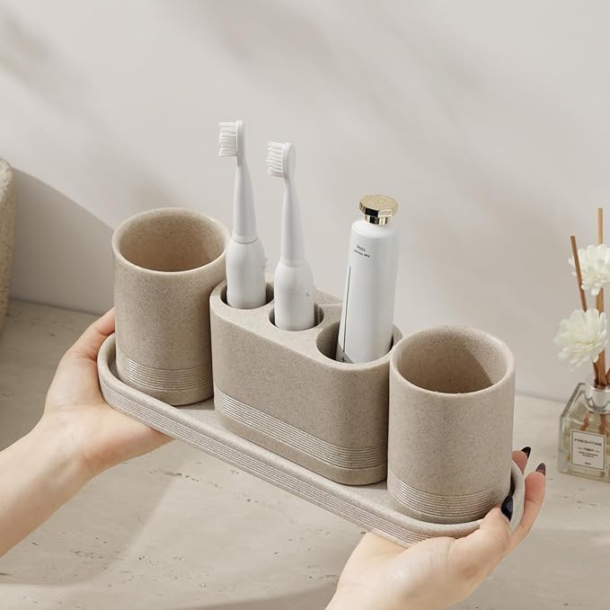 Bathroom Accessories Set, 4 pcs Toothbrush Holders Set Included 3 Slots Electric Toothbrush and Toothpaste Holder Stand, 2 Tumblers & Tray for Bathroom Countertop Sink Modern Decor (Beige)