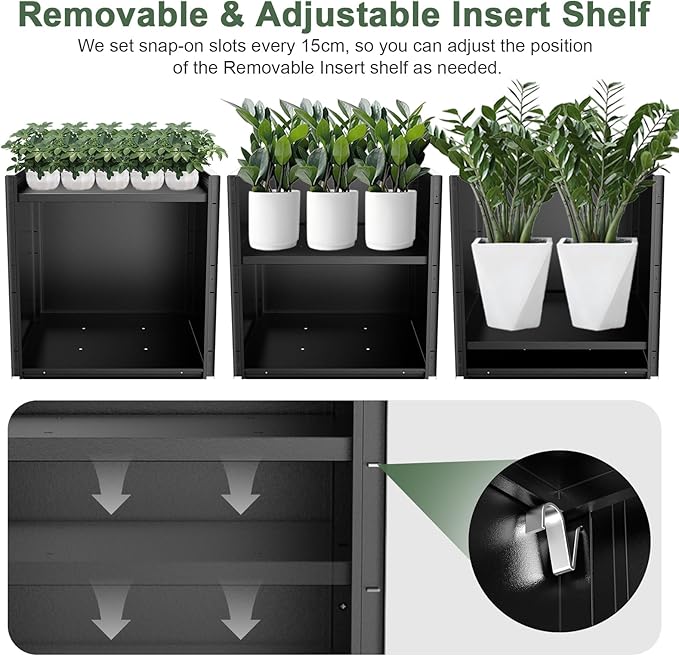 Tall Metal Planter Box for Outdoor Plants 20" L x 20" W x 20" H, Heavy Duty Steel Rectangular Planter Box with Removable Insert Shelf, Modern Décor for Outside, Indoor, Garden (Black)