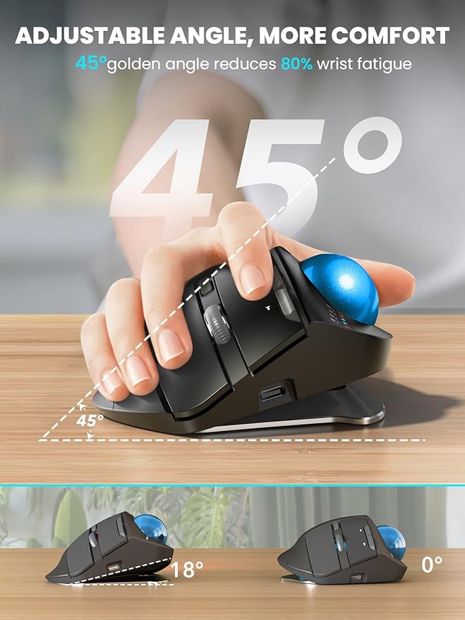 Wireless Trackball Mouse, Ergonomic Bluetooth Rechargeable Computer Mouse, Backlit Rollerball Thumb Laptop mice with 5 Level DPI, Adjustable Angle, 3 Devices Connection for PC, Windows - Blue Ball