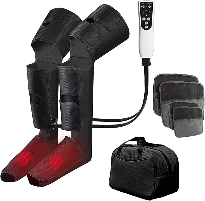 Leg Air Compression Massager for Foot Heat, Air Compression Calf Massage and Thigh Massage, Handheld Controller 3 Intensities 3 Modes (with 4 Extensions and Portable Bag), Gifts for Women