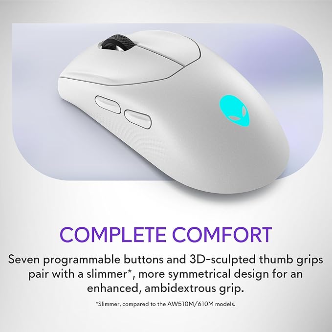 Alienware AW720M Tri-Mode Wireless Gaming Mouse - 2.4GHz Wireless, Bluetooth 5.1, 26,000 DPI, 8-Fully Programmable Buttons, Magnetic Snap Charging Adapter USB-A to USB-C Cable - Lunar Light