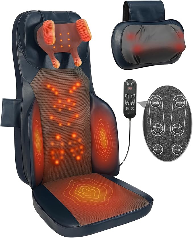 4D Shiatsu Neck Back Massage Cushion w/Heat for Pain Relief - Kneading Back Massager w/Vibration & Dual Necks Head for Relieves Muscle Stiffness from Long Sitting for Office Home Use, Blue
