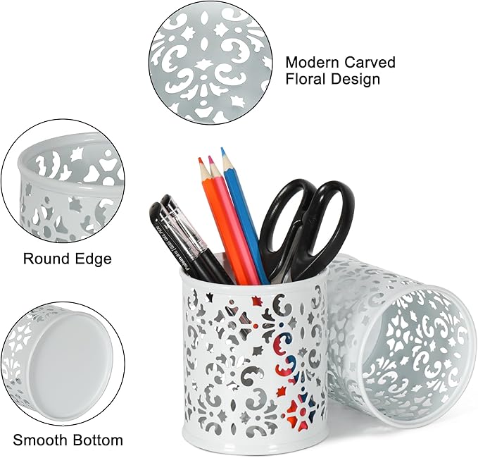EasyPAG Metal 2-Piece Pen Holder Set Desk Accessories & Workspace Organizers for Classroom, School & Office,White