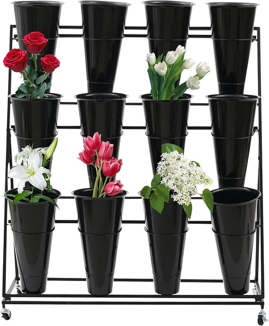DYRABREST Flower Display Stand With 12PCS Buckets, 3 Layers Metal Plant Stand with Wheels, Heavy Duty Moving Plant Cart Shelf for Indoor, Outdoor Patio Garden, Florist (Black)