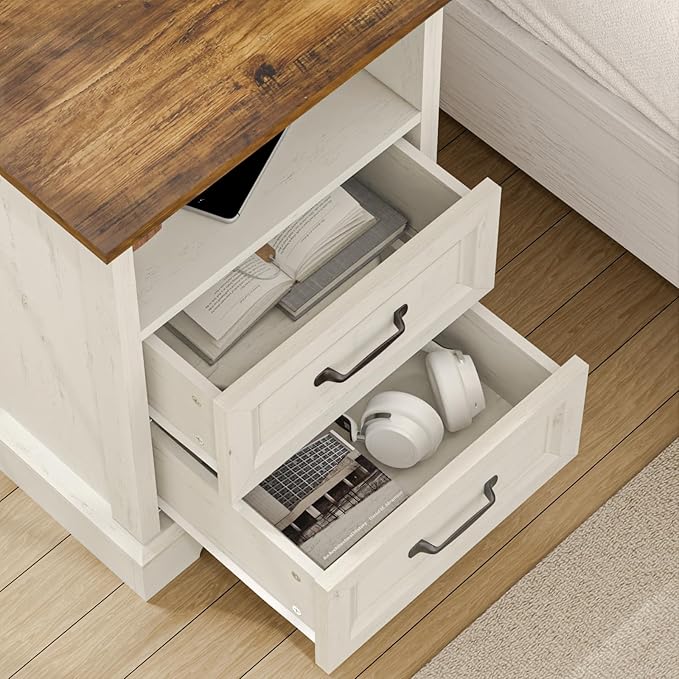 HOMMPA 18'' Farmhouse Nightstand with Charging Station, Bedside Tables with Storage, Bed Side End Table with Open Shelf, 2 Drawers Wood Night Stand Dresser for Bedroom, Living Room, Rustic White