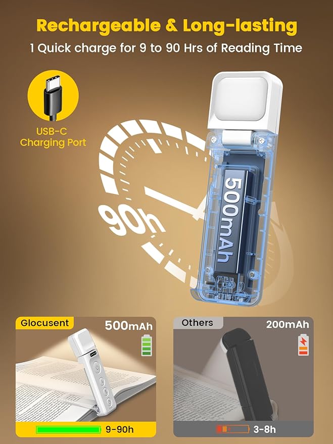 Glocusent Book Lights for Reading at Night, Rechargeable Book Light Clip on - 3 Colors & 5 Brightness, Reading Lights for Books in Bed with Sleep Aid & Timer, Travel Lock, Perfect for Bookworms, Kids