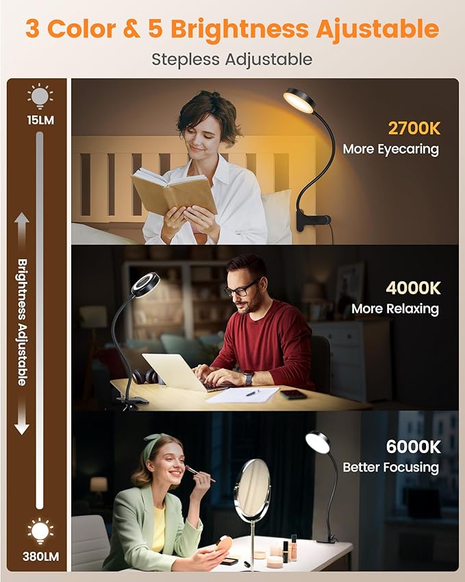 Glocusent 72 LED Clip on Lamp with Remote, Reading Light with Amer Ring Night Light, 3 Colors & 5 Dimmable Desk Lamp with Clamp, Auto-Off Timer for Night Reading, Bed Light for Headboard/Dorm/Bunk