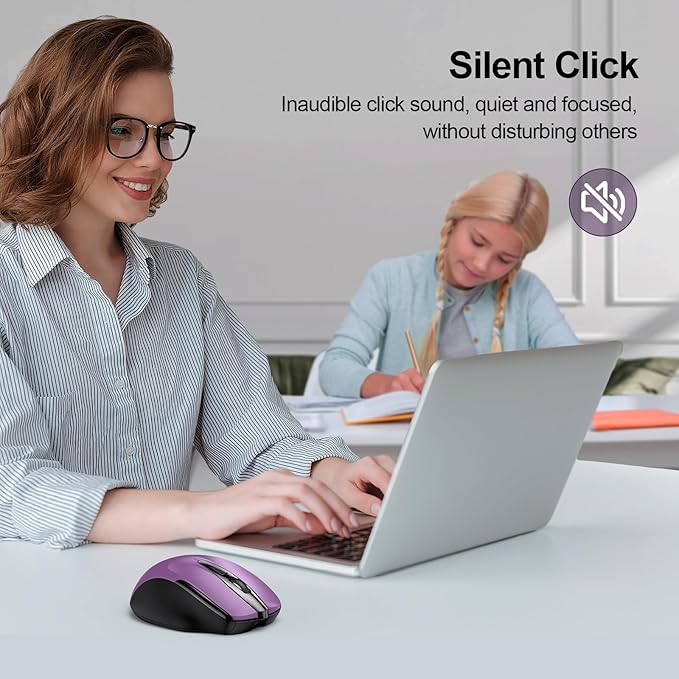 TECKNET Wireless Mouse (BT5.0/3.0 & 2.4G) Rechargeable 4800 DPI Silent USB A & Bluetooth Mouse 6 Buttons, Wide Compatibility - Purple