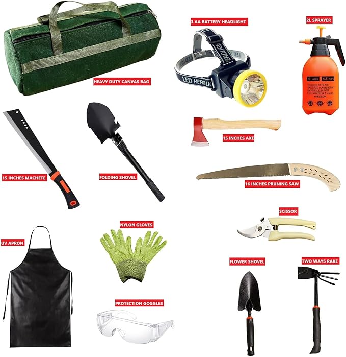 Professional 13-Piece Gardening & Outdoor Survival Tool Set with 15-Inch Machete, Heavy Duty Axe, Folding Shovel, Headlight, Sprayer, Safety Goggles & Canvas Bag (GD.SET01)