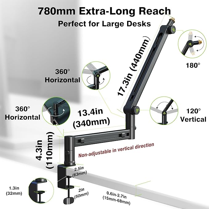 Low Profile Boom Arm (Design for Heavy Mic) 6.6lbs Load Capacity, Stable Gear Lock Structure Never Sags, Metal Microphone Stand Desk Mount for Shure SM7B MV7+, Blue Yeti,Rode PodMic