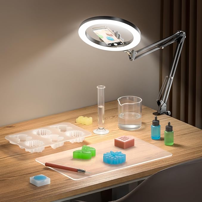 Ring Light with Overhead Camera Mount, 10W Ring Light with Desk Clamp, Phone Holder for Video Recording, Ideal for Artist/Painting/Jewelry Making/Knitting/Crochet/Embroidery/Pottery/Leather Crafting