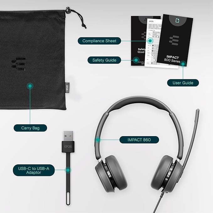 EPOS Impact 860 Dual-Sided Wired Headset with USB-C/USB-A, Noise-Canceling Mic, Super Wideband Audio, Comfortable Fit, Ideal for Business Calls, Office Use, and Multi-Device Compatibility.