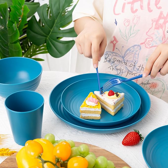 LIYH 48 Pcs Blue Wheat Straw Dinnerware, Plates and Bowls Set, Camping Dish Set for 12, Plastic Dinnerware Set, Dishwasher Safe Dinnerware Set, Unbreakable Plastic, Camper Dish Sets